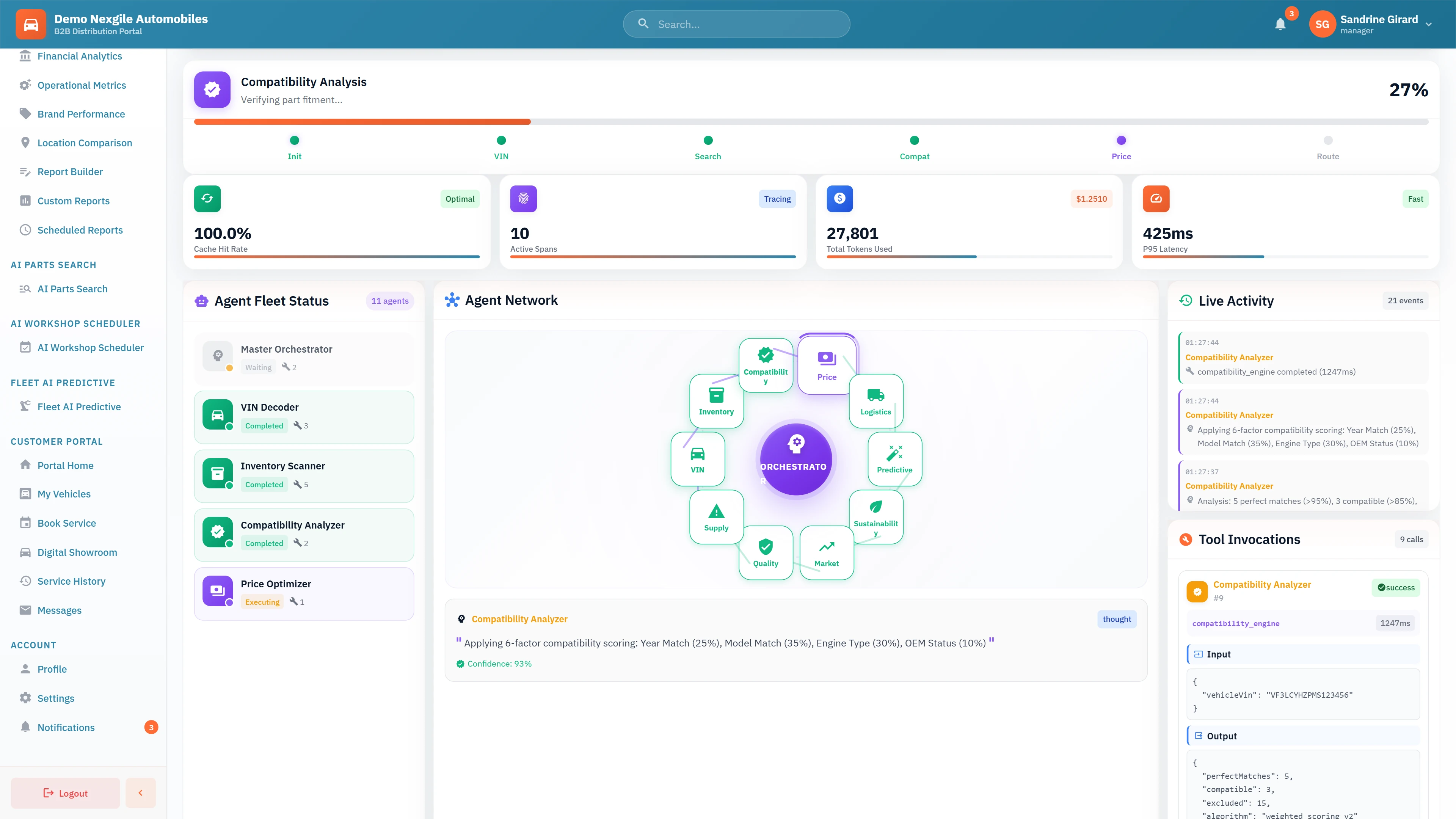 Multi-Agent Network Visualization - Compatibility analysis workflow showing agent orchestration, live activity feed, and tool invocations